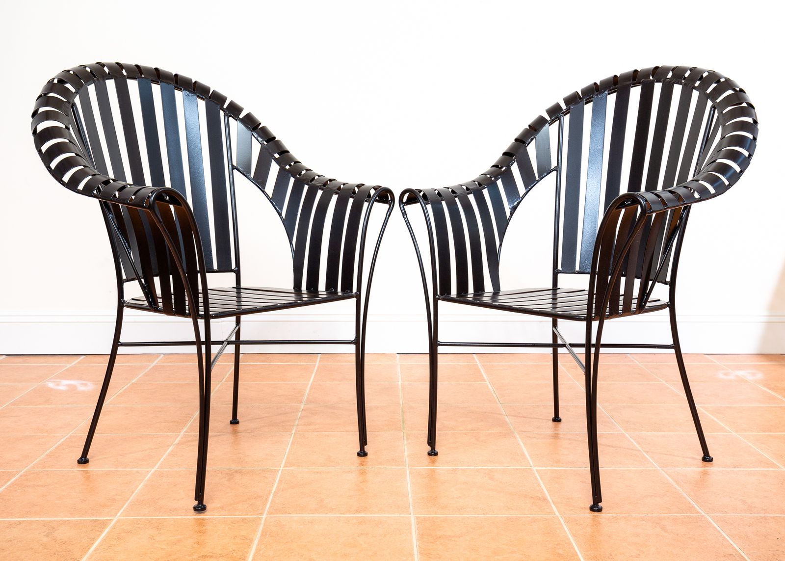Modernist Iron Strap Garden Armchairs Pair Sculptural Brutalist 1980s Mcm Patio Outdoors Outside  French Machinisme Woodard Carre Salterini Style photo furniture