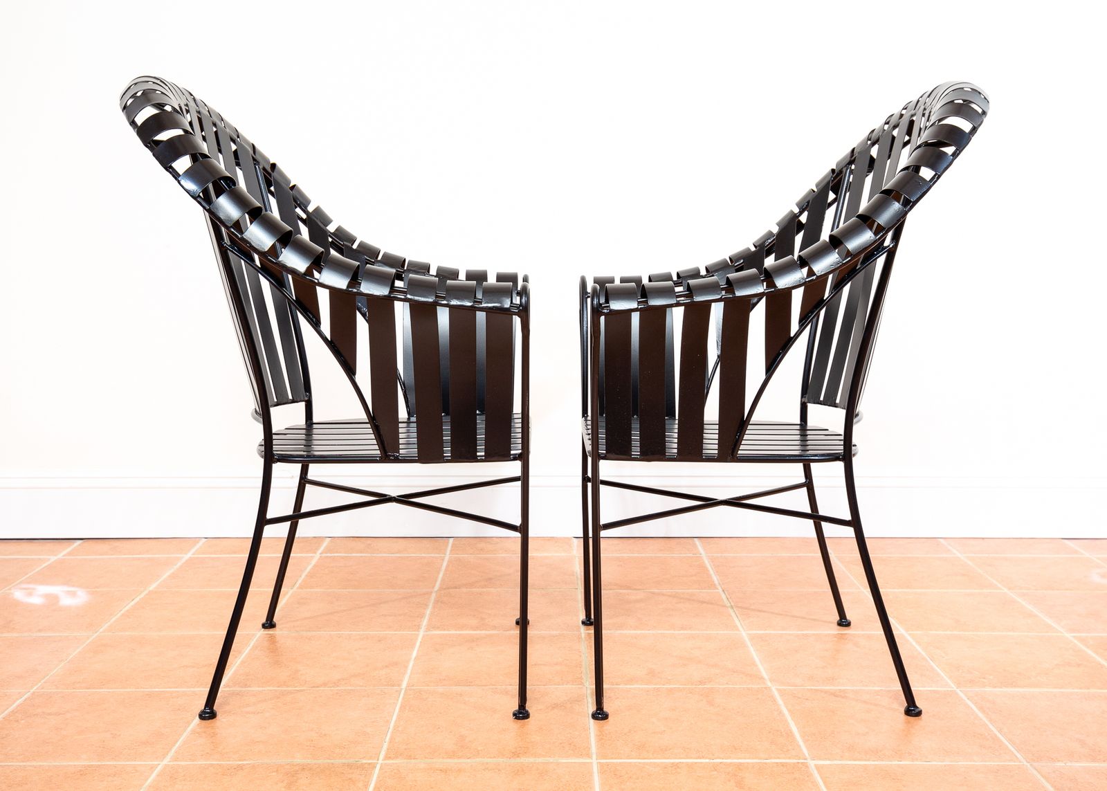 photo furniture Modernist Iron Strap Garden Armchairs Pair Sculptural Brutalist 1980s Mcm Patio Outdoors Outside  French Machinisme Woodard Carre Salterini Style