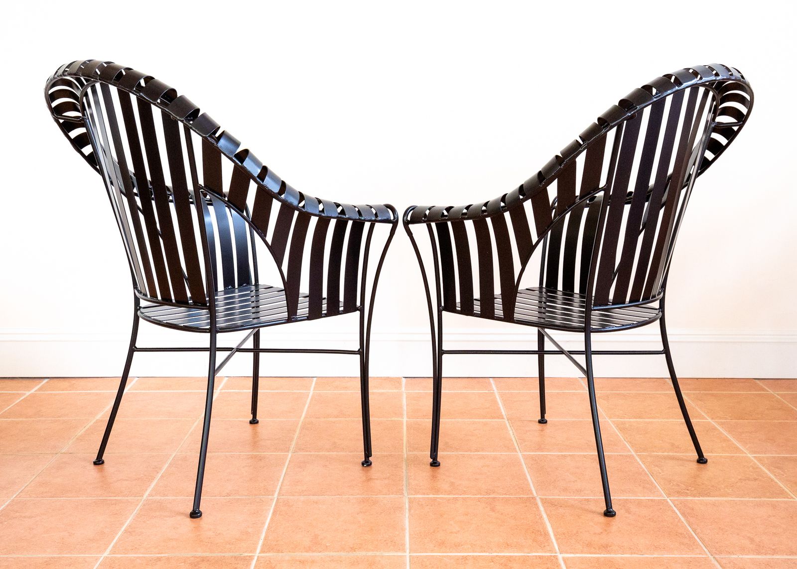 Garden Furniture Modernist Iron Strap Garden Armchairs Pair Sculptural Brutalist 1980s Mcm Patio Outdoors Outside  French Machinisme Woodard Carre Salterini Style photo