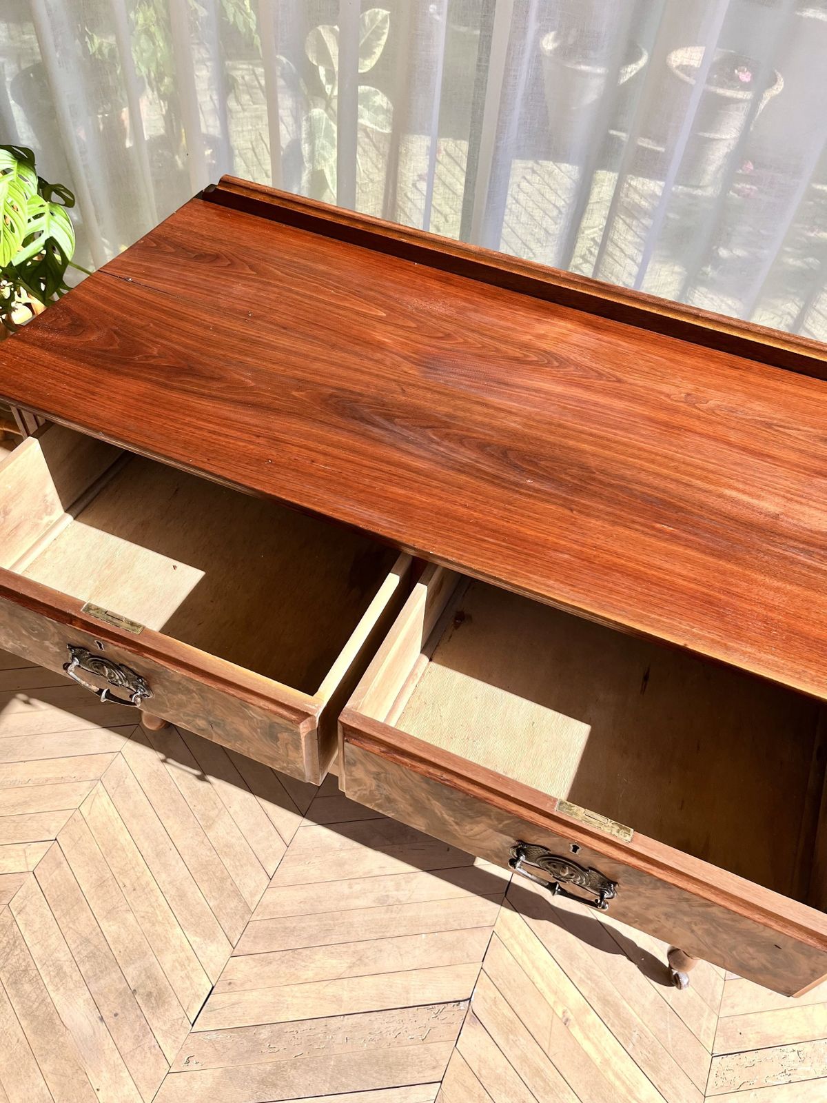 595.0 Vintage Hardwood Chest Of Drawers On Wheels With Walnut Veneer photo