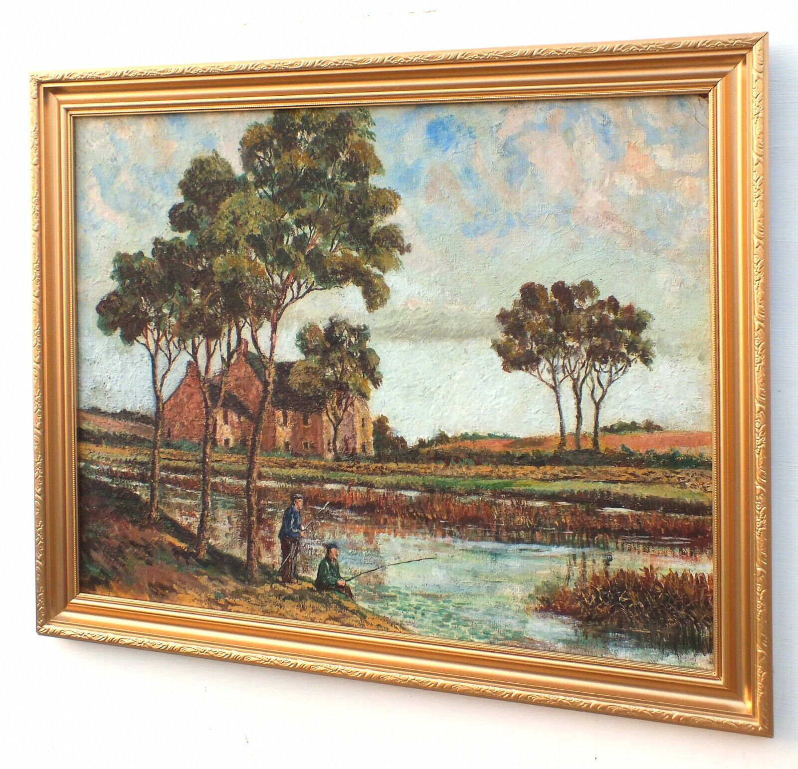 English Landscape Vintage Oil Painting Fishing Lake Framed photo Art