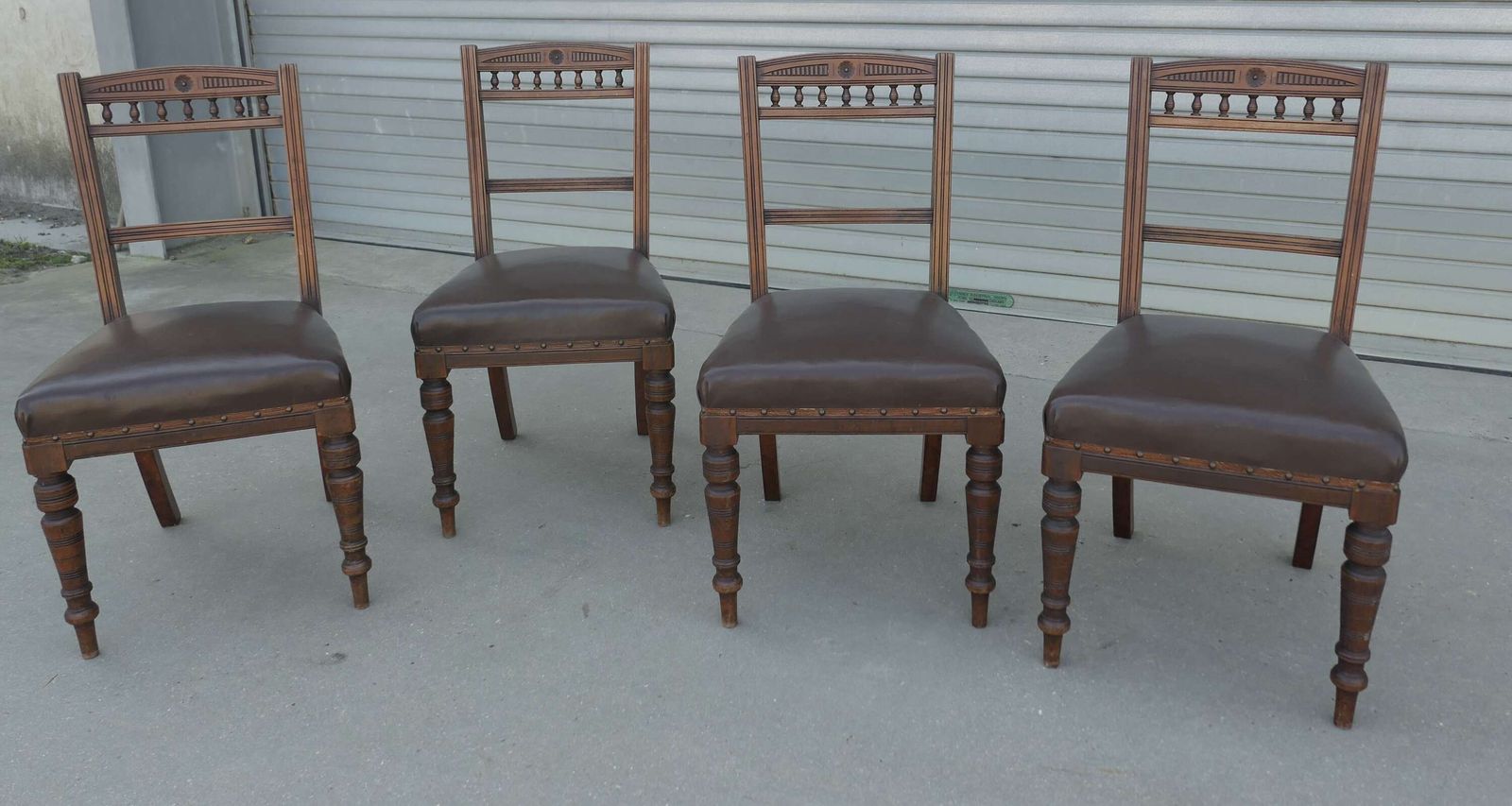 Set Of Very Heavy 4 Edwardian Carved Oak And Leather Dining Chairs photo furniture