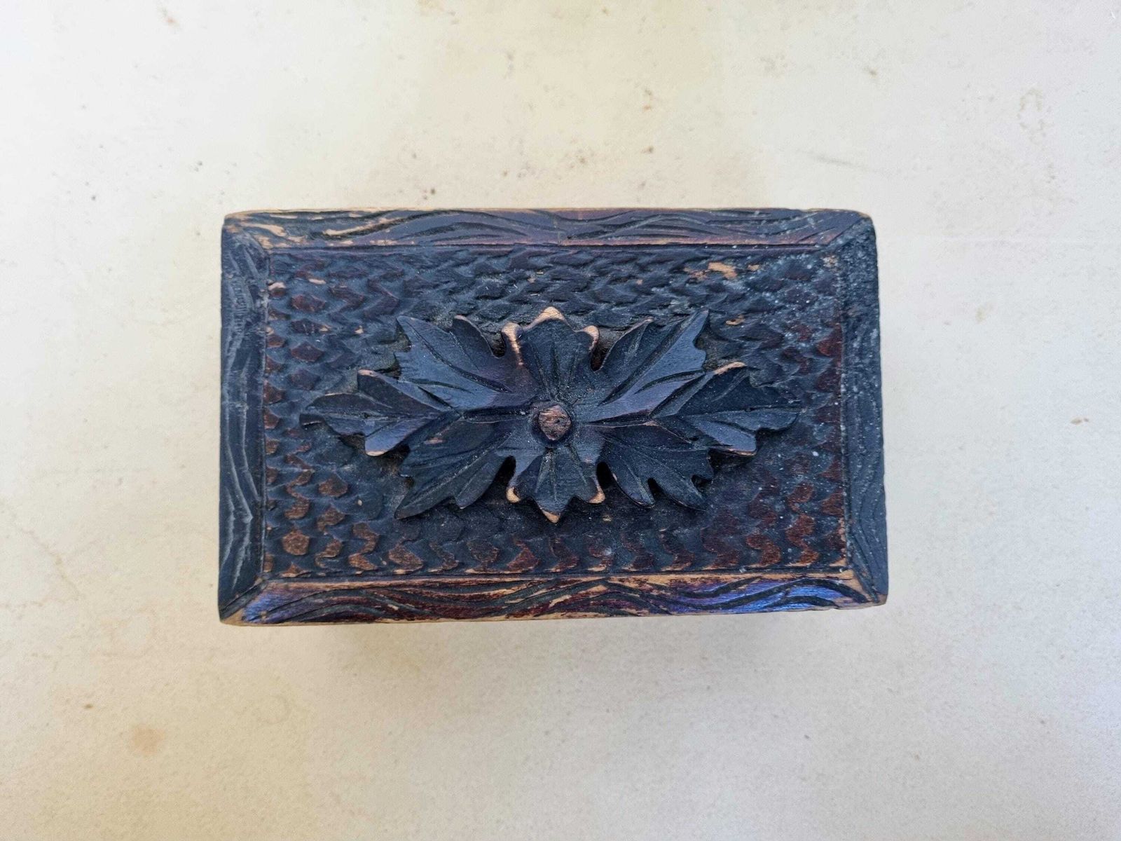 Antique Hand Carved Black Forest Box | Rustic Wooden Trinket Chest | Purple Velvet Interior 4x7 Inch photo furniture