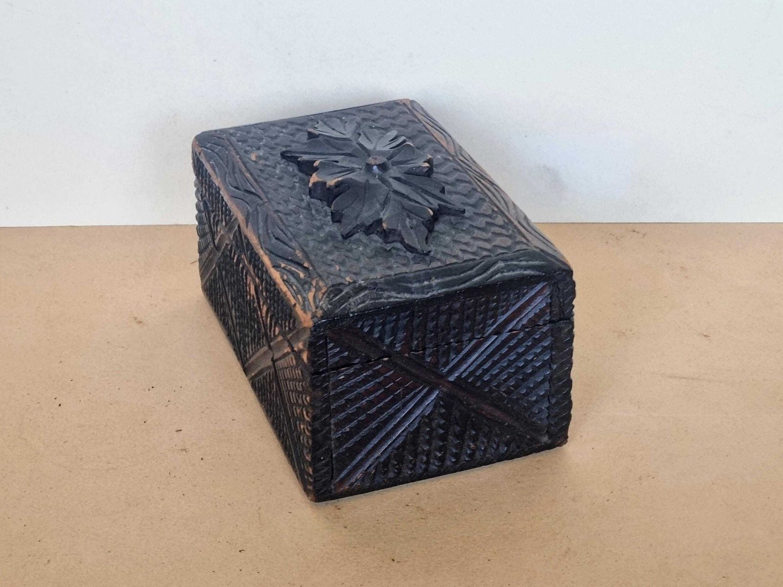 Antique Hand Carved Black Forest Box | Rustic Wooden Trinket Chest | Purple Velvet Interior 4x7 Inch photo Home Decor