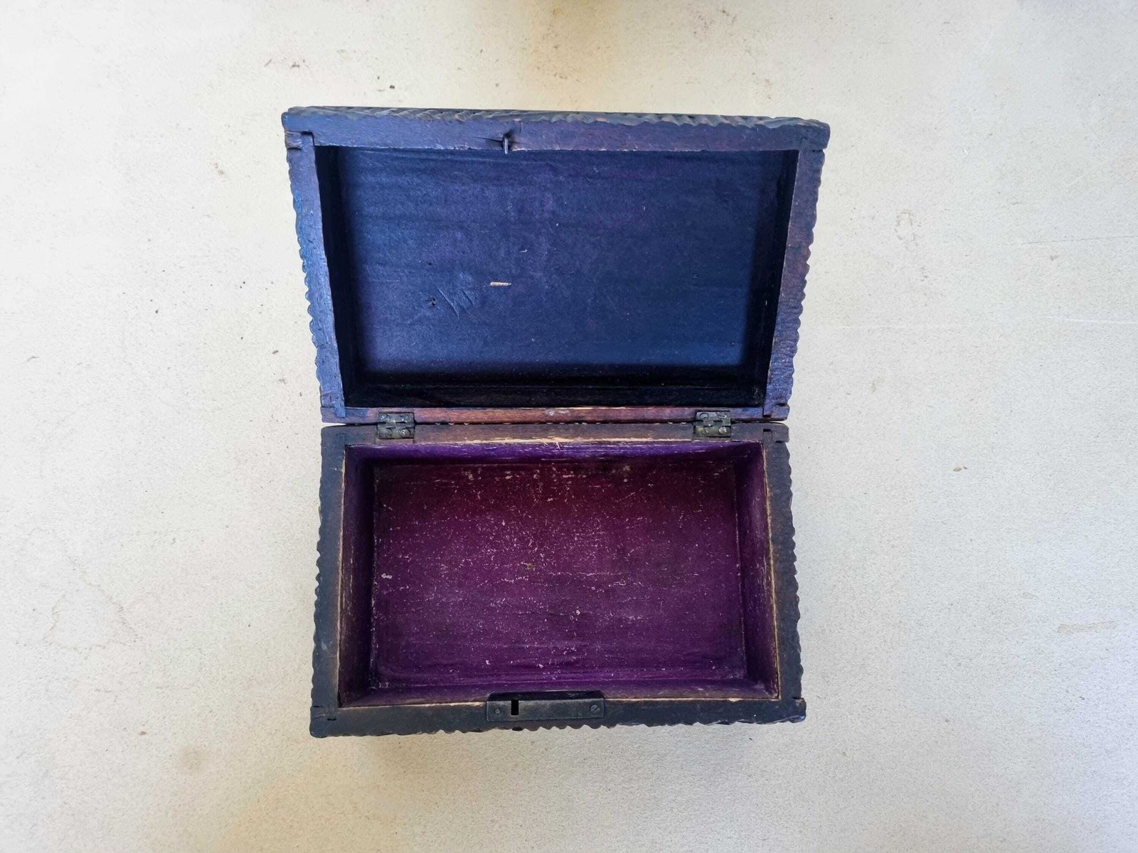 Antique Hand Carved Black Forest Box | Rustic Wooden Trinket Chest | Purple Velvet Interior 4x7 Inch photo vintage