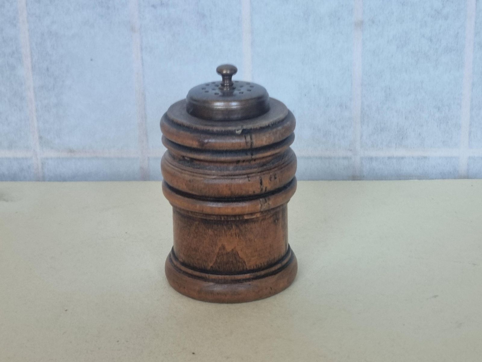 Antique Treen Pepper Grinder | Victorian Wooden Spice Mill | Turned Walnut Kitchen Tool With Early Plastic Grinder photo vinterior