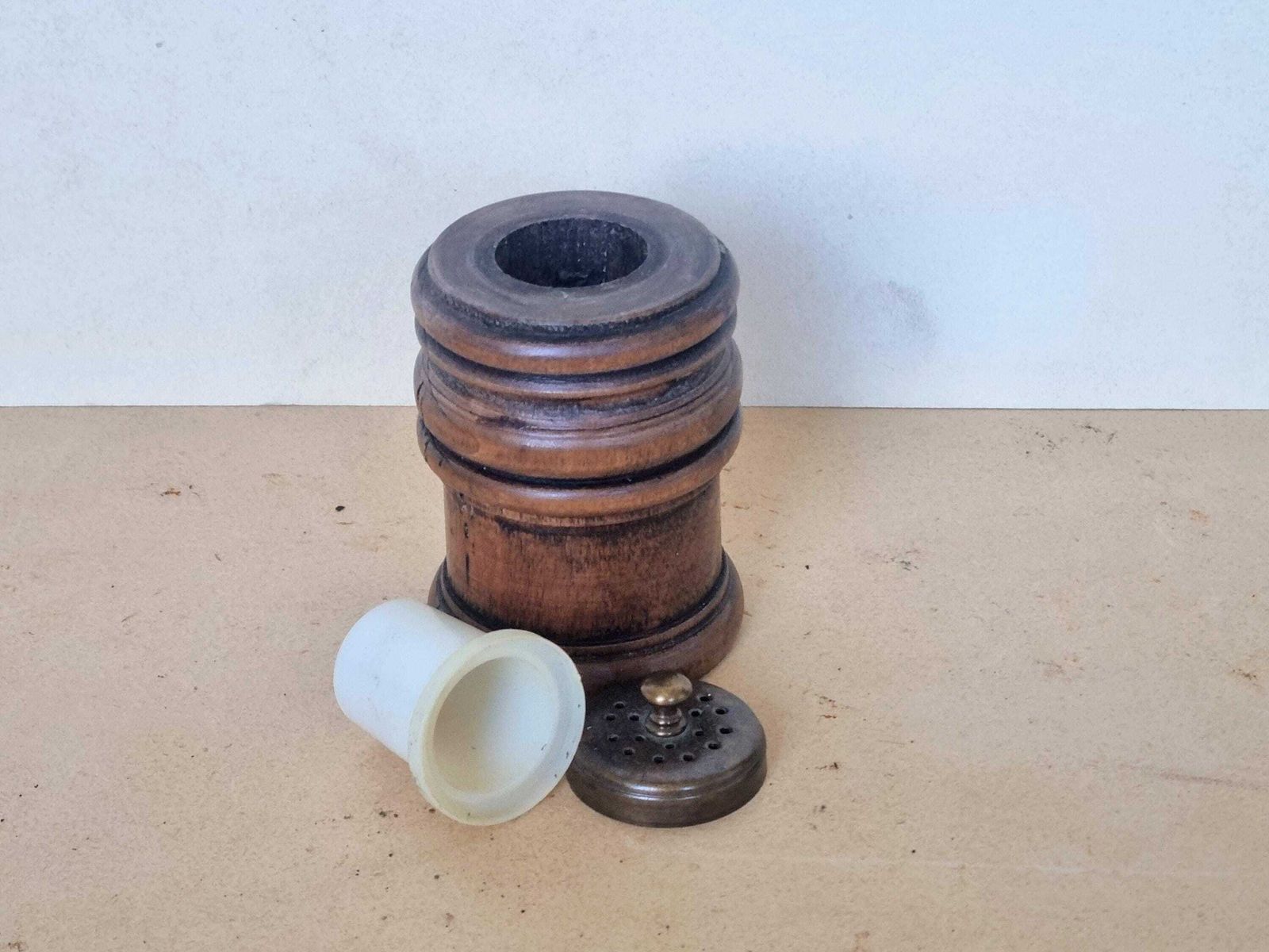 photo for sale Antique Treen Pepper Grinder | Victorian Wooden Spice Mill | Turned Walnut Kitchen Tool With Early Plastic Grinder