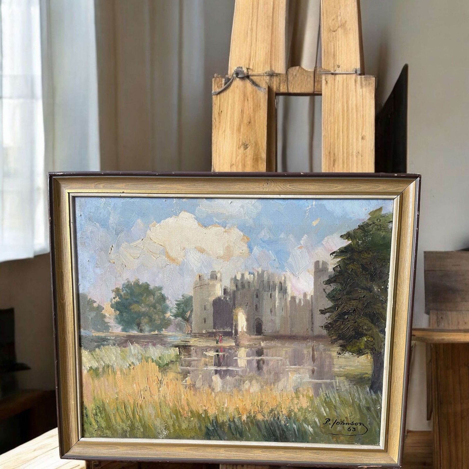 Vintage Oil Painting Of Bodiam Castle By P Johnson 1963 photo furniture