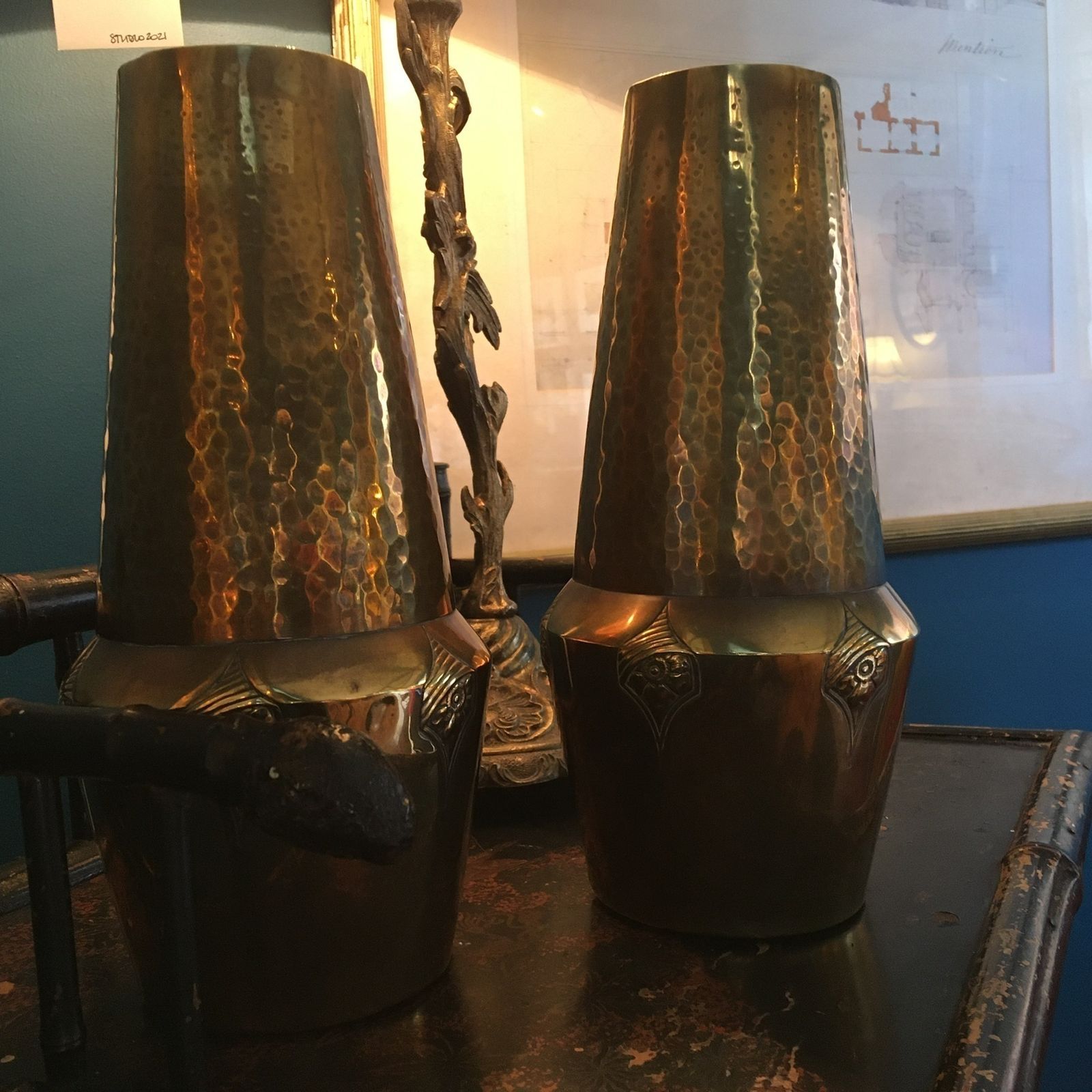 Unusual Pair Of Jugendstil Wmf Brass Vases