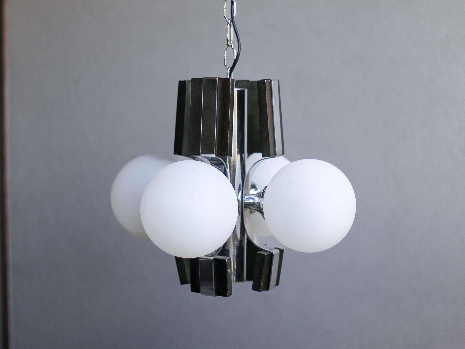 Brutalist Sputnik Pendant Lamp – Chrome Wood & Milky Glass – Yugoslavia 70s – Mid Century Modern Lighting photo for sale