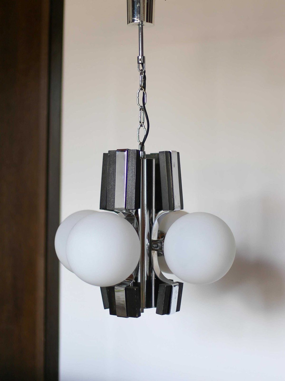 Brutalist Sputnik Pendant Lamp – Chrome Wood & Milky Glass – Yugoslavia 70s – Mid Century Modern Lighting photo 459.0