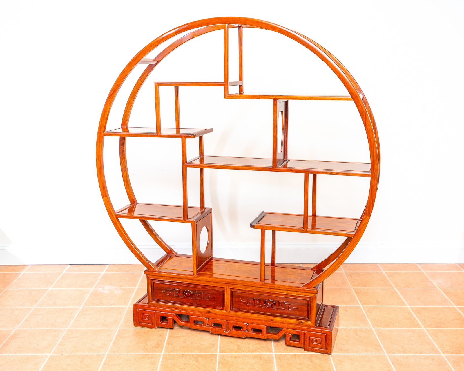 Fine Chinese Display Stand Shelves Bookcase Oriental Circular Large Shelving Room Divider Eastern Moon Gate Mingei Jumu Asian Zen photo buy