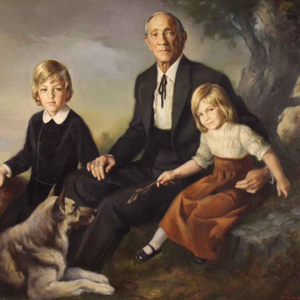 photo for sale Great Family Portrait Painting Signed Francisco Ribera And Dated 1972