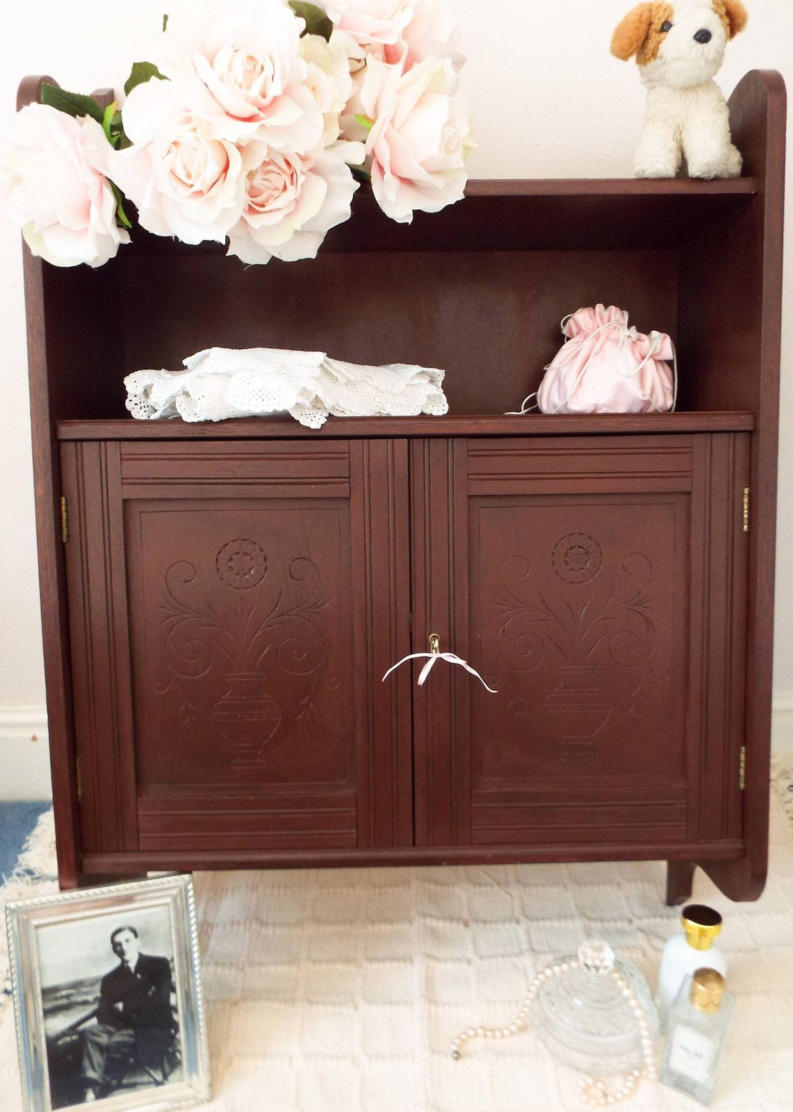 Antique Solid Mahogany Wall Cabinet Victorian Edwardian Cabinet Apothecary Cupboard Bathroom Cupboard Hand Carved Mahogany Restored Cabinet photo for sale