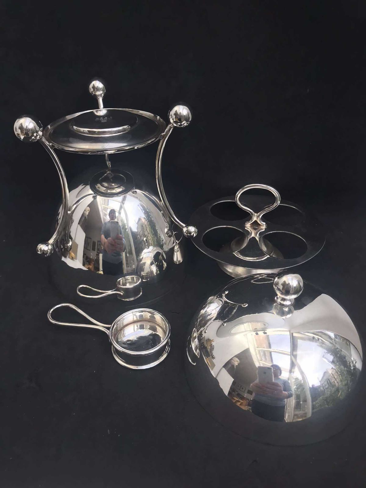 Egg Holder Egg Coddler 19th Century Victorian Silver Plated Egg Cruet Breakfast Set 4 Egg Cup Stand Family Gift England Chic Cottage English photo vintage