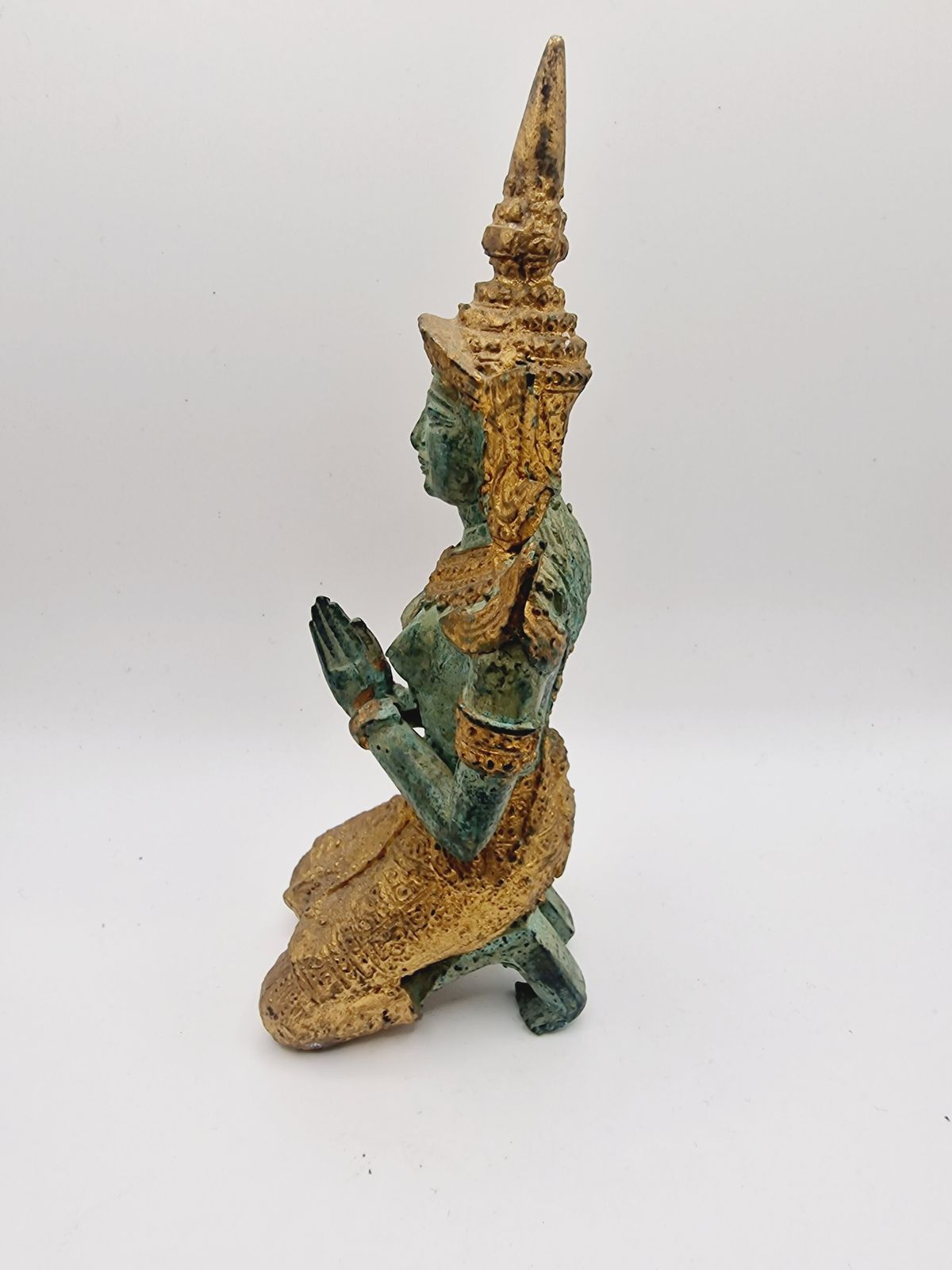 Vintage Bronze Thai Female Temple Guardian In Prayer Figurine photo furniture