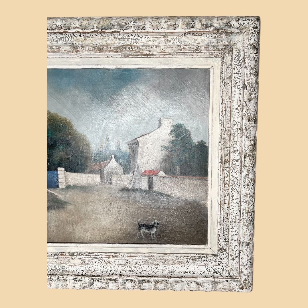 Dog And Houses, Oil On Canvas Landscape Painting photo furniture
