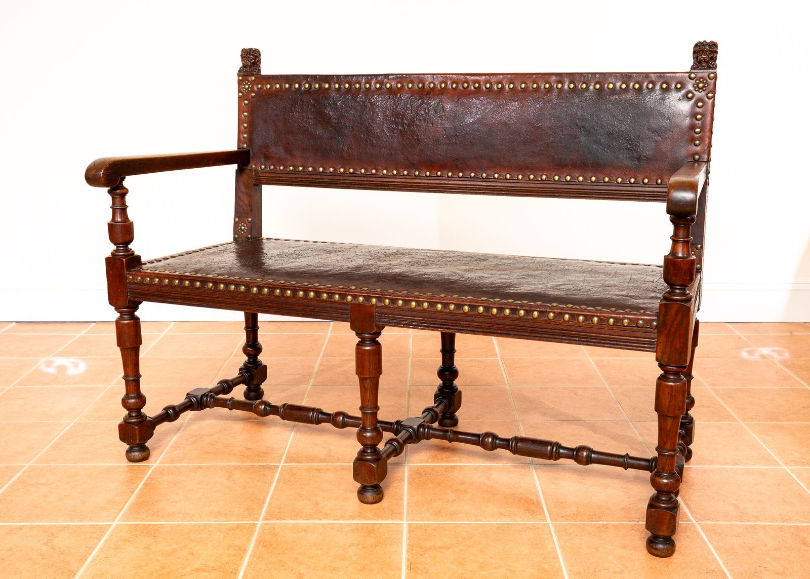 Antique Spanish Colonial Oak Leather Bench Studded Brass Country House Renaissance Revival Baronial 1890 Three Seater photo furniture