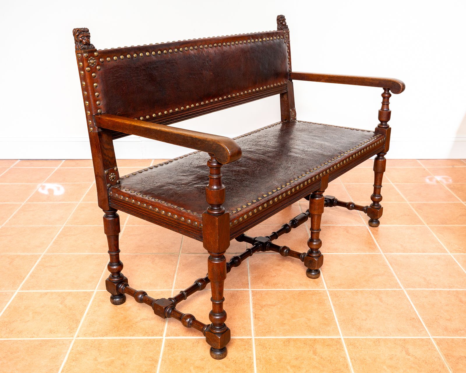 Antique Spanish Colonial Oak Leather Bench Studded Brass Country House Renaissance Revival Baronial 1890 Three Seater photo vintage