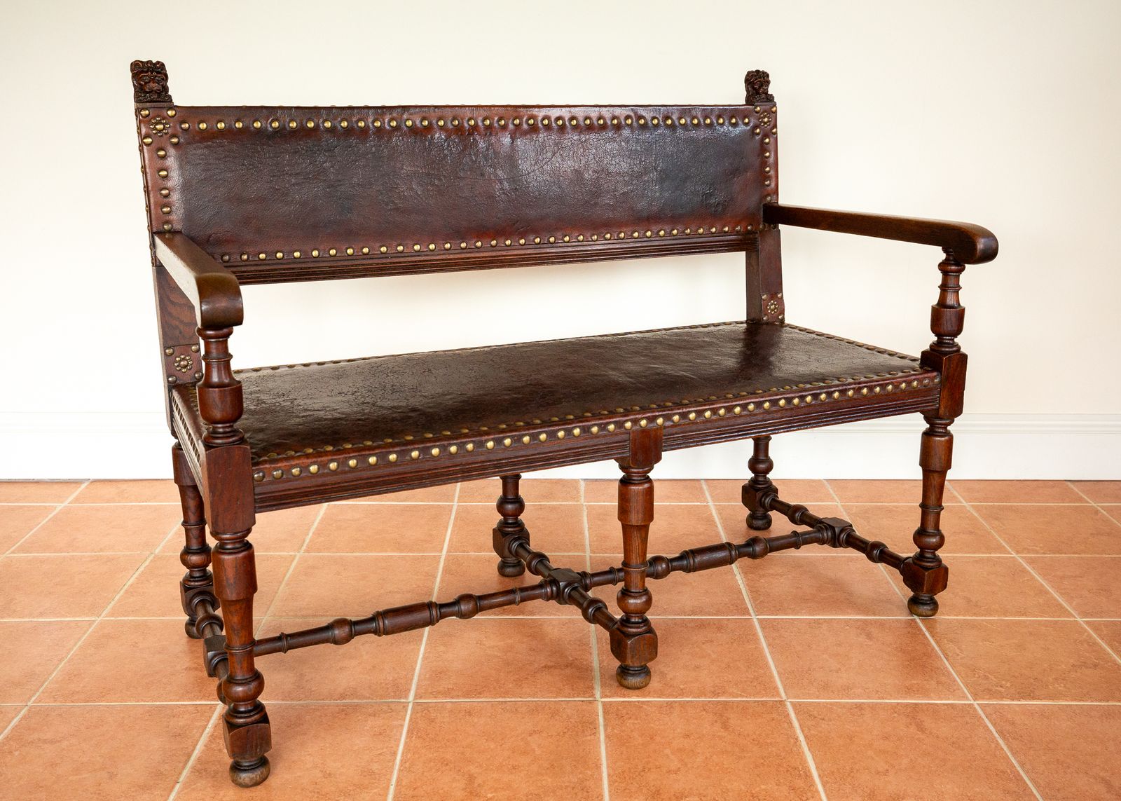 photo buy Antique Spanish Colonial Oak Leather Bench Studded Brass Country House Renaissance Revival Baronial 1890 Three Seater
