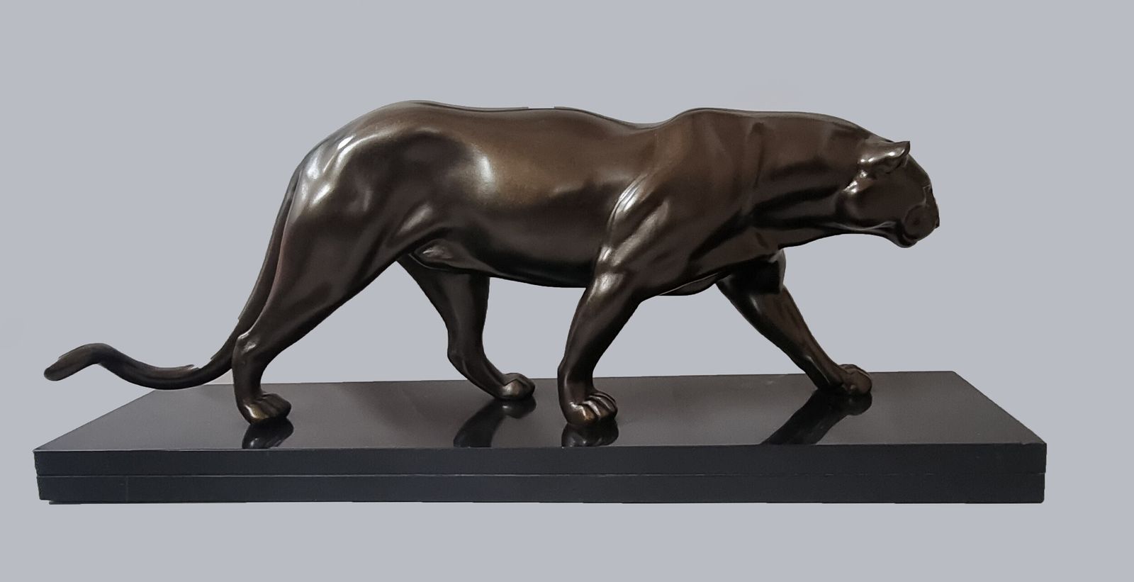 Large French Art Deco Sculpture Of A Spelter Panther Set On A Black Marble Base photo buy