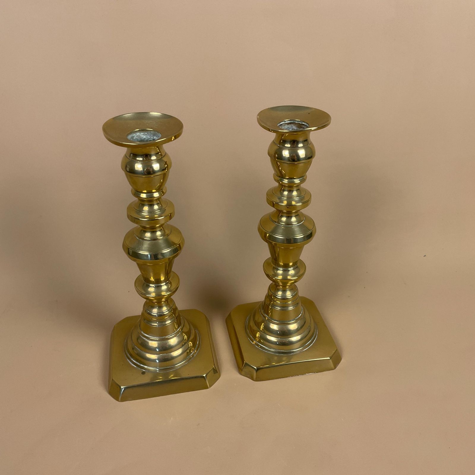 Antique Matching Pair Of Gold Brass Metal Candlestick Candle Stick Vintage Column Taper Dinner Candlesticks Square Base Column photo for sale
