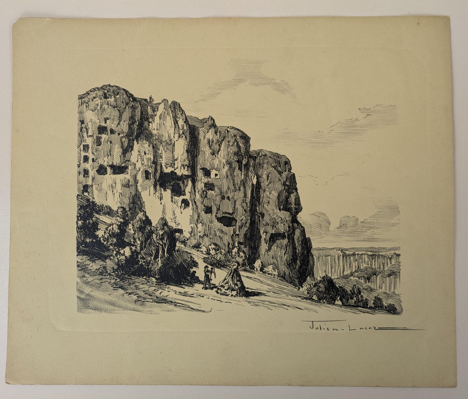 photo for sale Antique Julien Lacaze Engraving Of Exterior Of The Jonas Caves France, Signed French Art Print