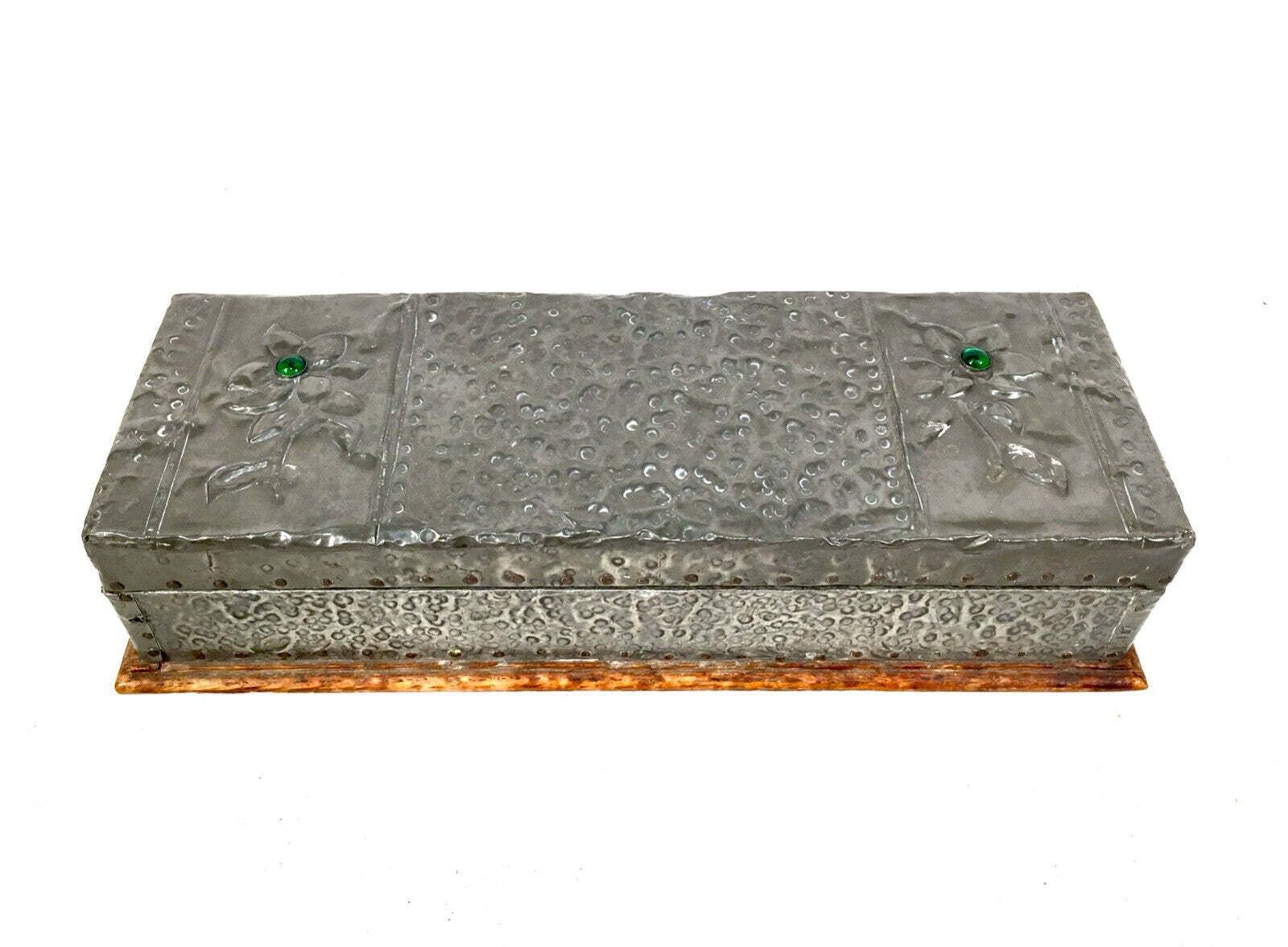 Antique Arts & Crafts Hammered Pewter Flower Trinket Box   Cabochon Inlay C.1910 photo for sale