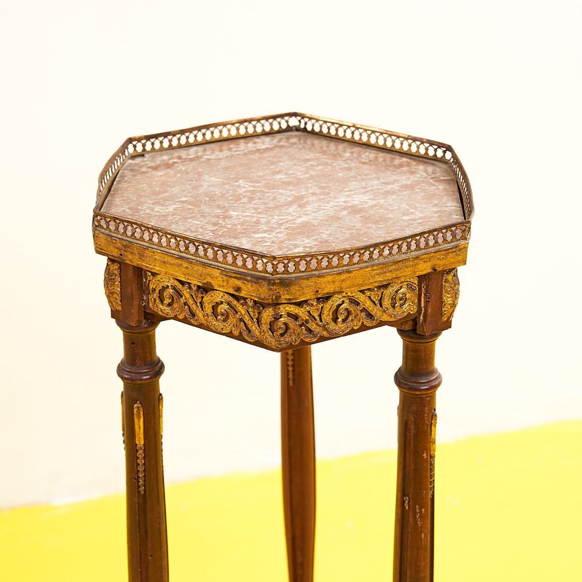 French 1940s Wooden Brass And Marble Vase Stand Table photo furniture