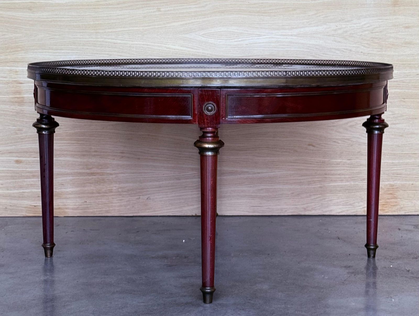 French Provincial Bouillotte Mahogany With Marble Top Round Coffee Table photo for sale