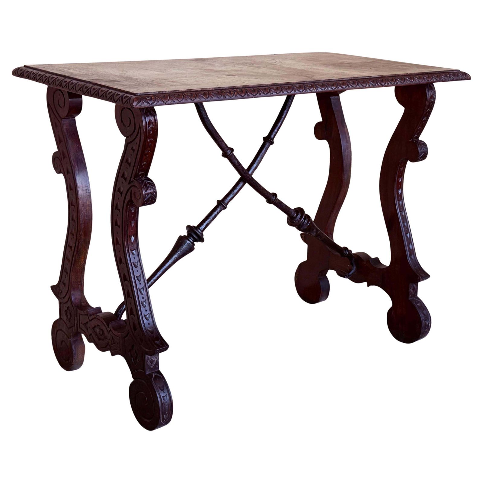 Table d'appoint baroque espagnole ébonisée, pieds en lyre, XIXe siècle