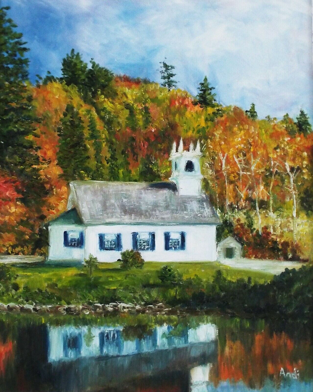 Vermont Church Autumn Forest Landscape Oil Painting Signed Framed Andi J Lucas photo furniture