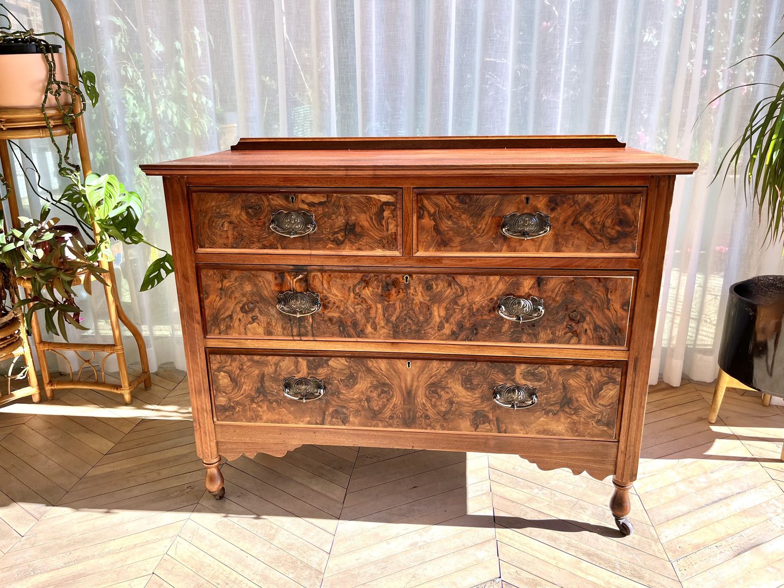 Vintage Hardwood Chest Of Drawers On Wheels With Walnut Veneer