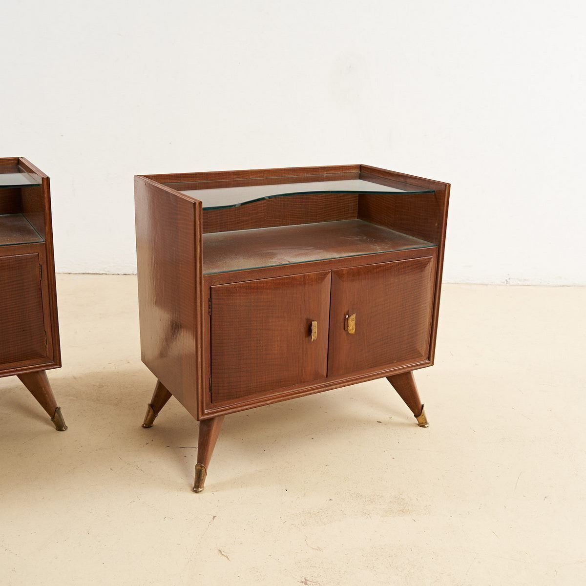Pair Of Wooden Bedside Tables With Glass Shelf From The 50s photo for sale