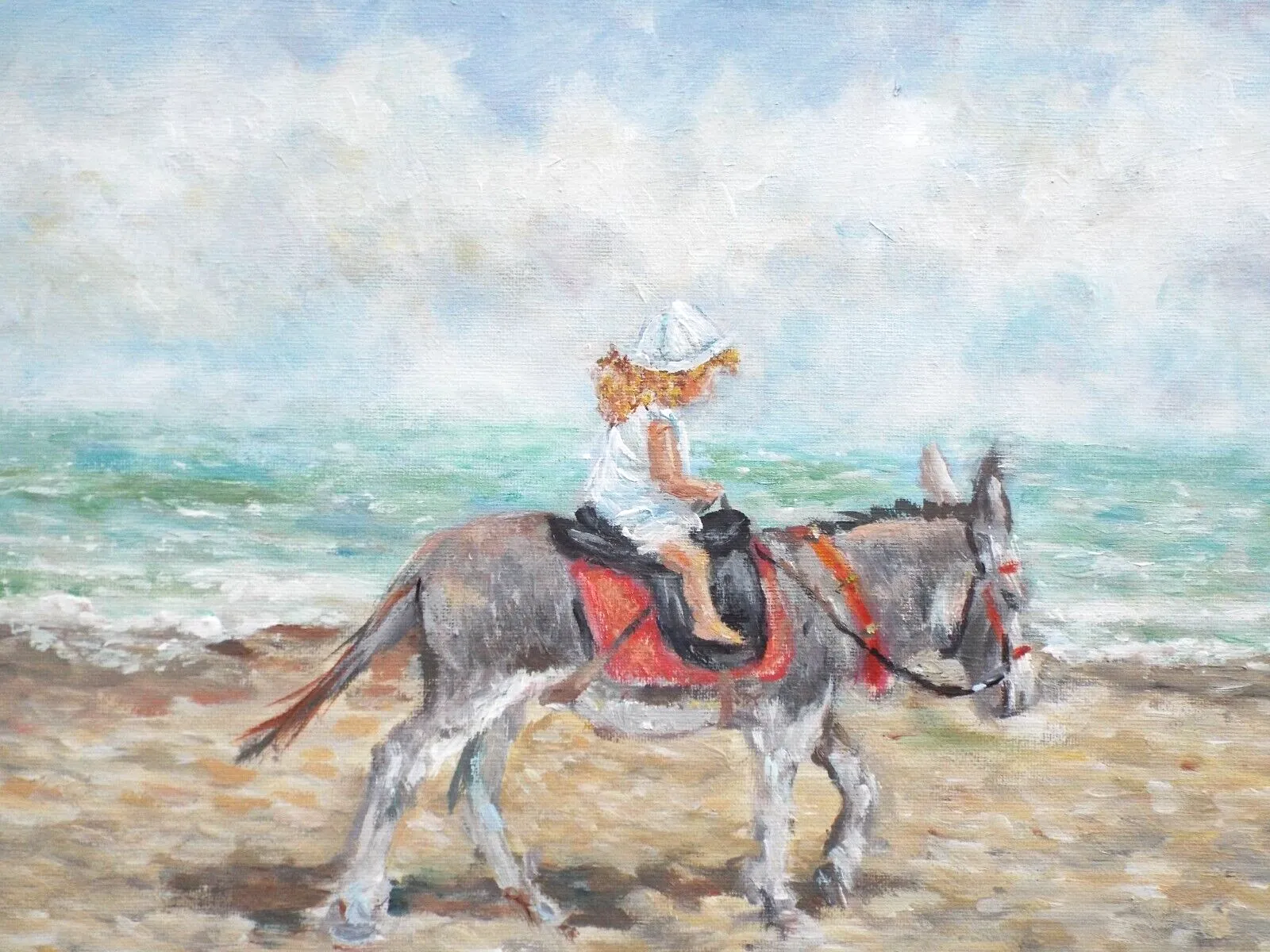 Original Signed Painting Donkey & Child On Beach Seascape  30x80cm Andi J Lucas photo 350.0