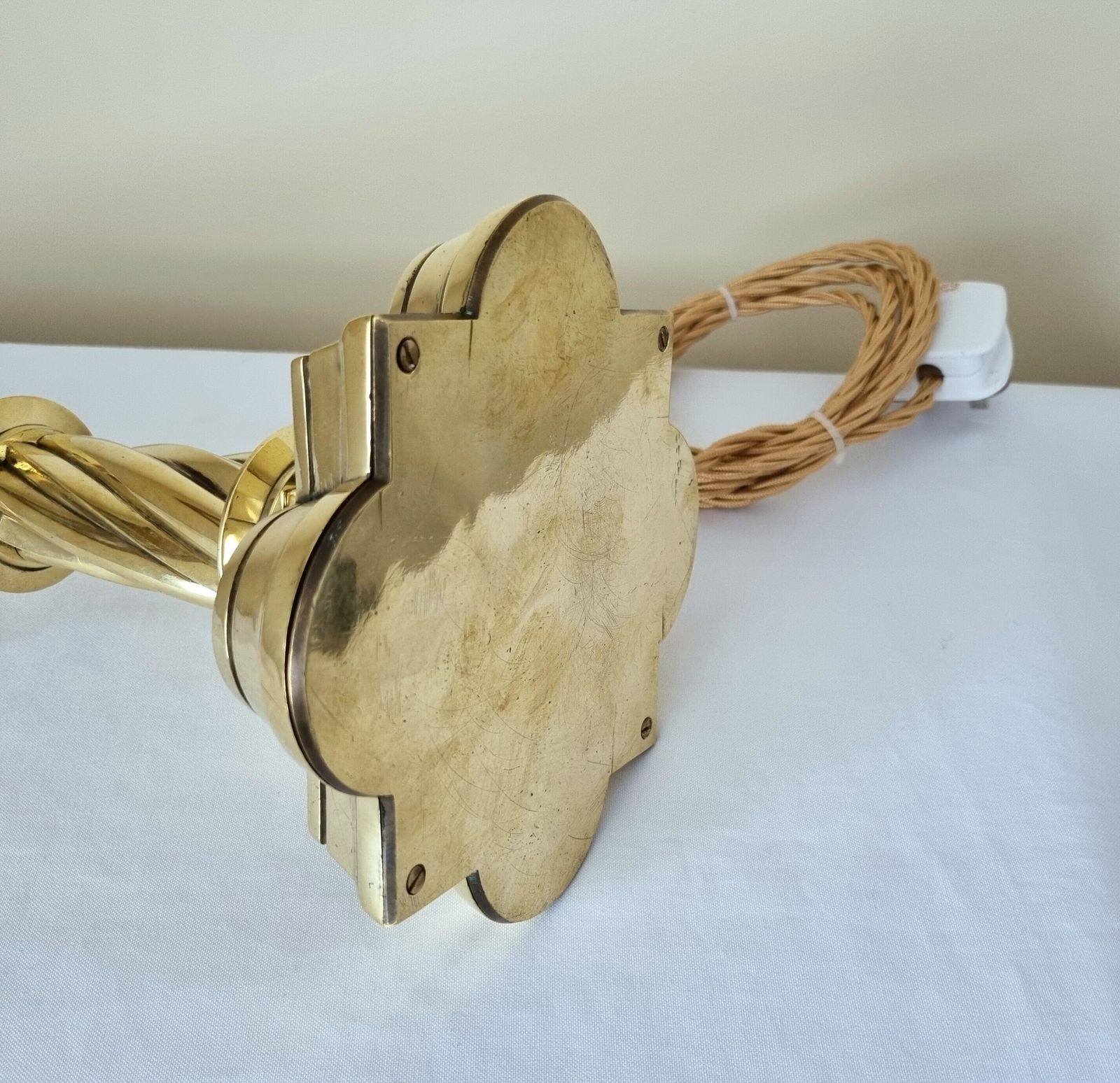 photo furniture Beautiful And Highly Unusual Large Antique Late Victorian Twisted Brass Table Lamp, Rewired With New Old Style Twisted And Braided Flex.