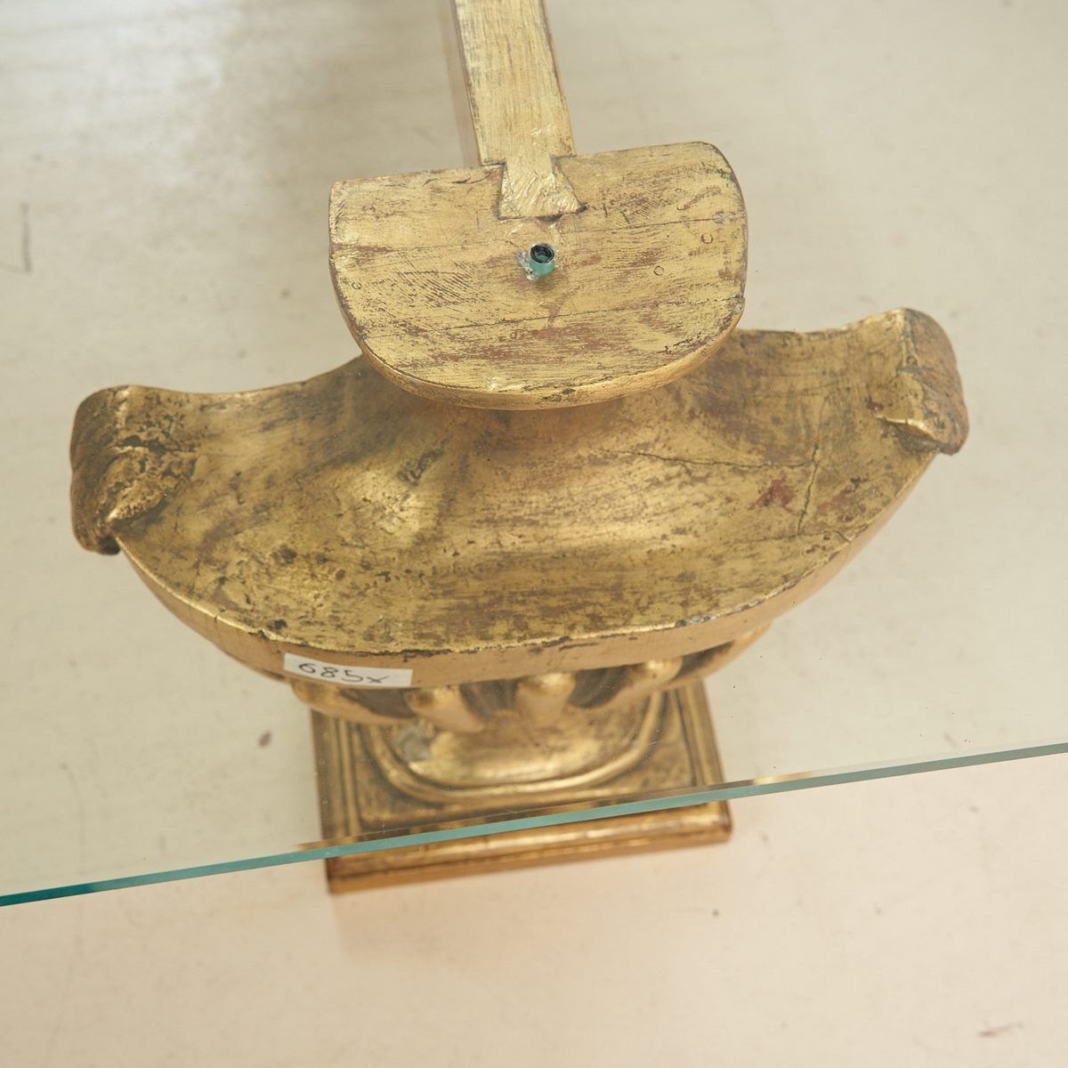 Glass Top Coffee Table With Gilded Wooden Capitals photo vintage