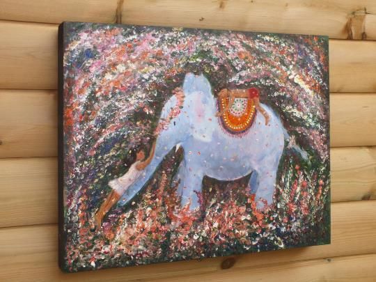 Cute Indian Elephant And Children Playing Large Original Painting Andi J Lucas photo 374.0