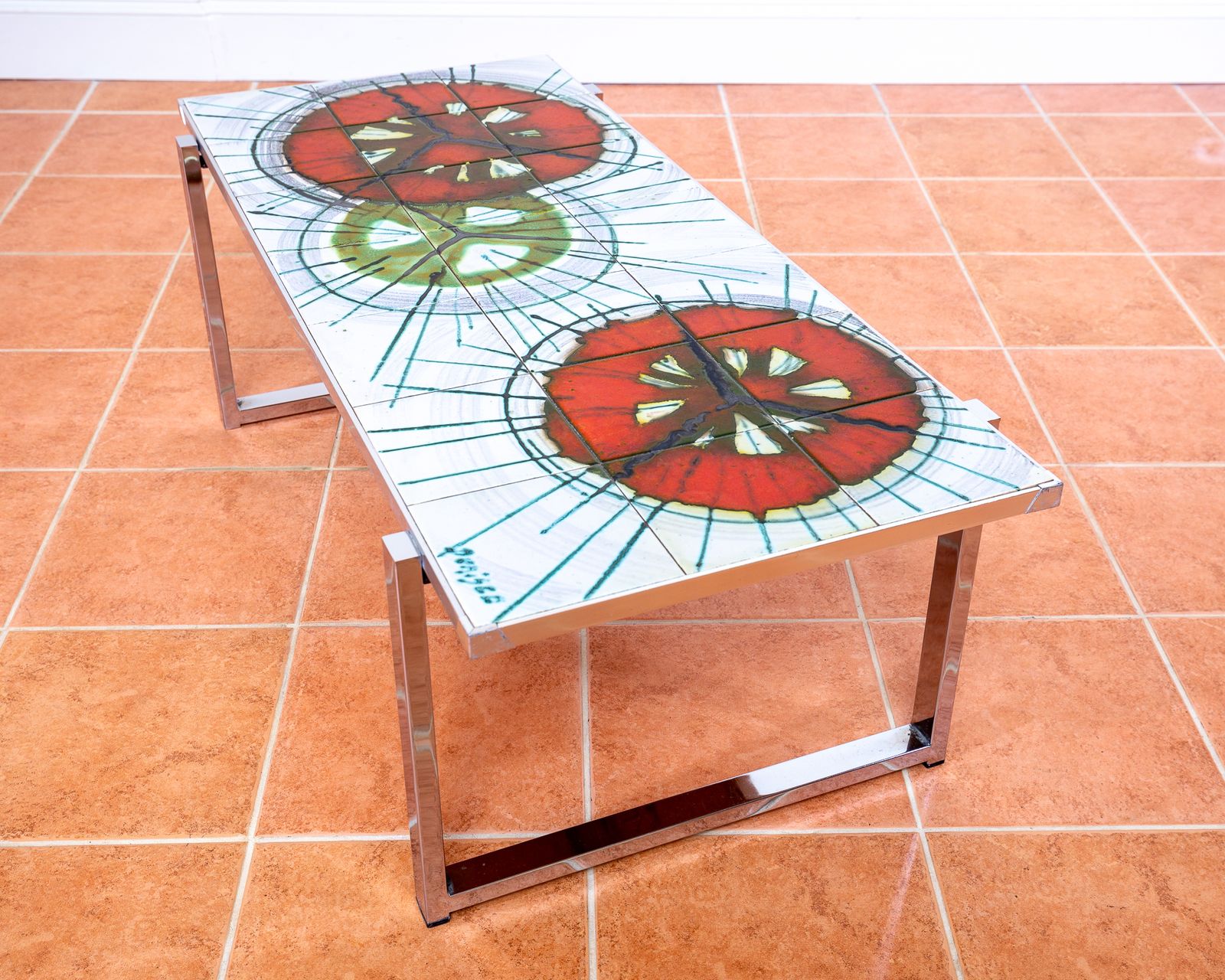 photo furniture Large Mid Century Signed Belgian Coffee Table By De Nisco Chrome Ceramic Fat Lava Tile 1970s Mcm Artistic Bohemian Belgium Denisco Colourful Vintage