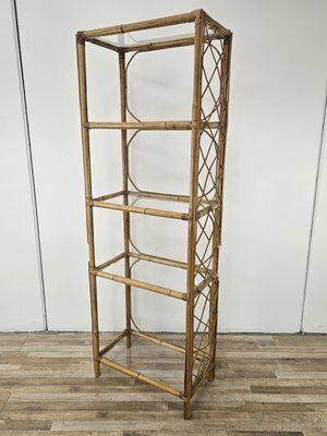 Wicker And Bamboo Bookcase With Glass Shelves, 1970s