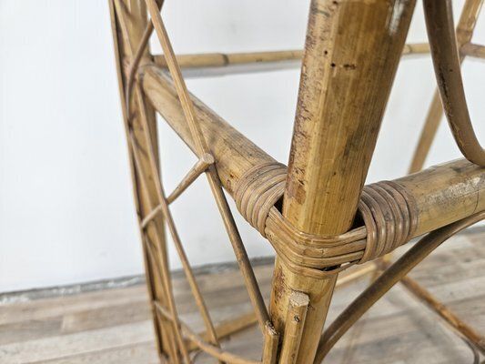 photo for sale Wicker And Bamboo Bookcase With Glass Shelves, 1970s