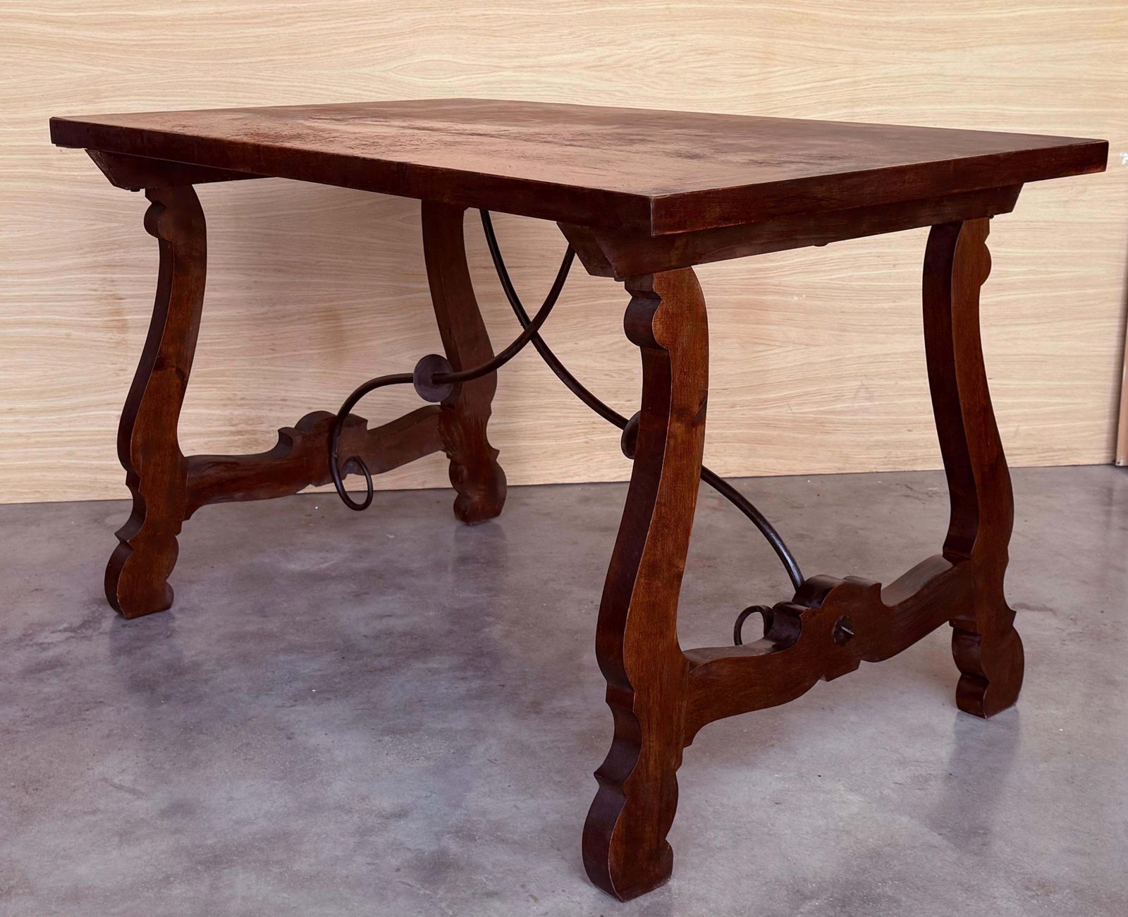 20th Dining Or Console Table Of Walnut With Lyre Legs And Heavy Top, Spain photo vintage