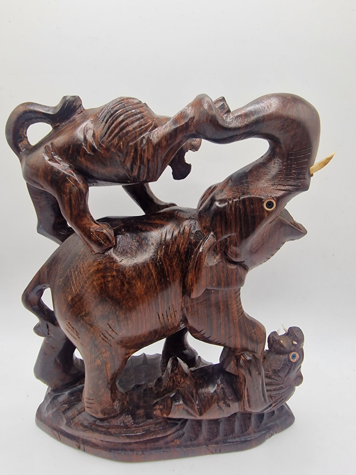Mid Century Hand Carved Rosewood Elephant & Lion Sculpture – Made In India photo Home Decor