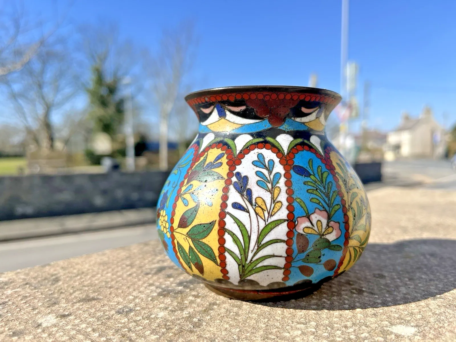 Beautiful Antique Art Deco Cloisonne Enamel Floral Squat Vase Japanese Chinese photo buy