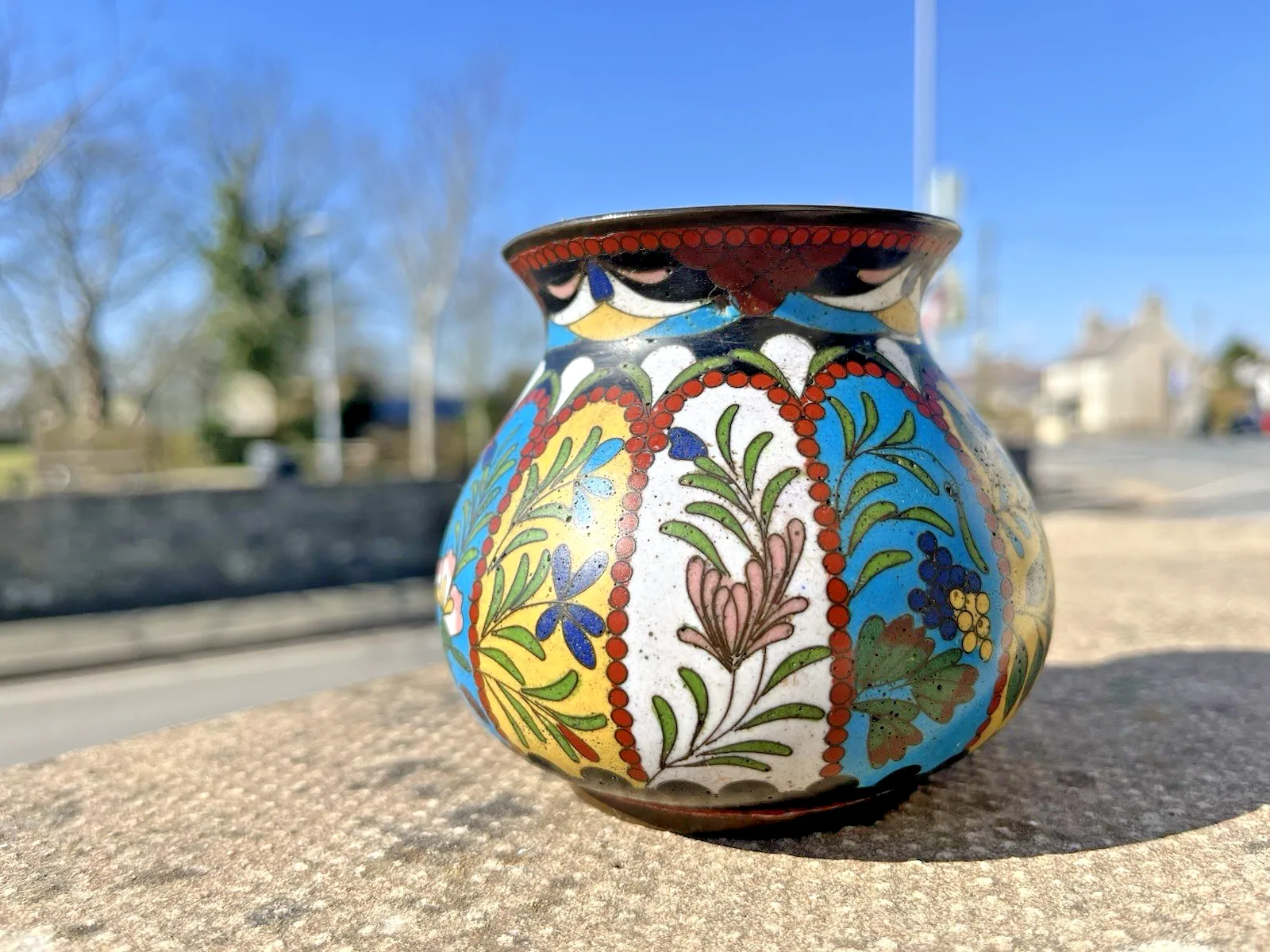 Beautiful Antique Art Deco Cloisonne Enamel Floral Squat Vase Japanese Chinese photo vintage
