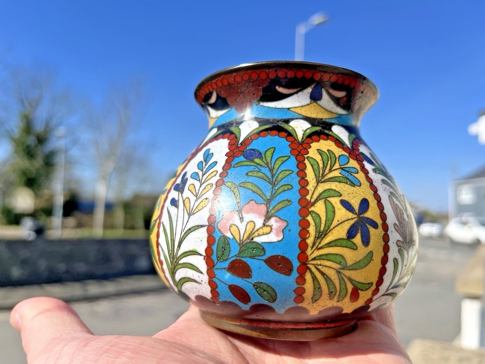 Home Decor Beautiful Antique Art Deco Cloisonne Enamel Floral Squat Vase Japanese Chinese photo