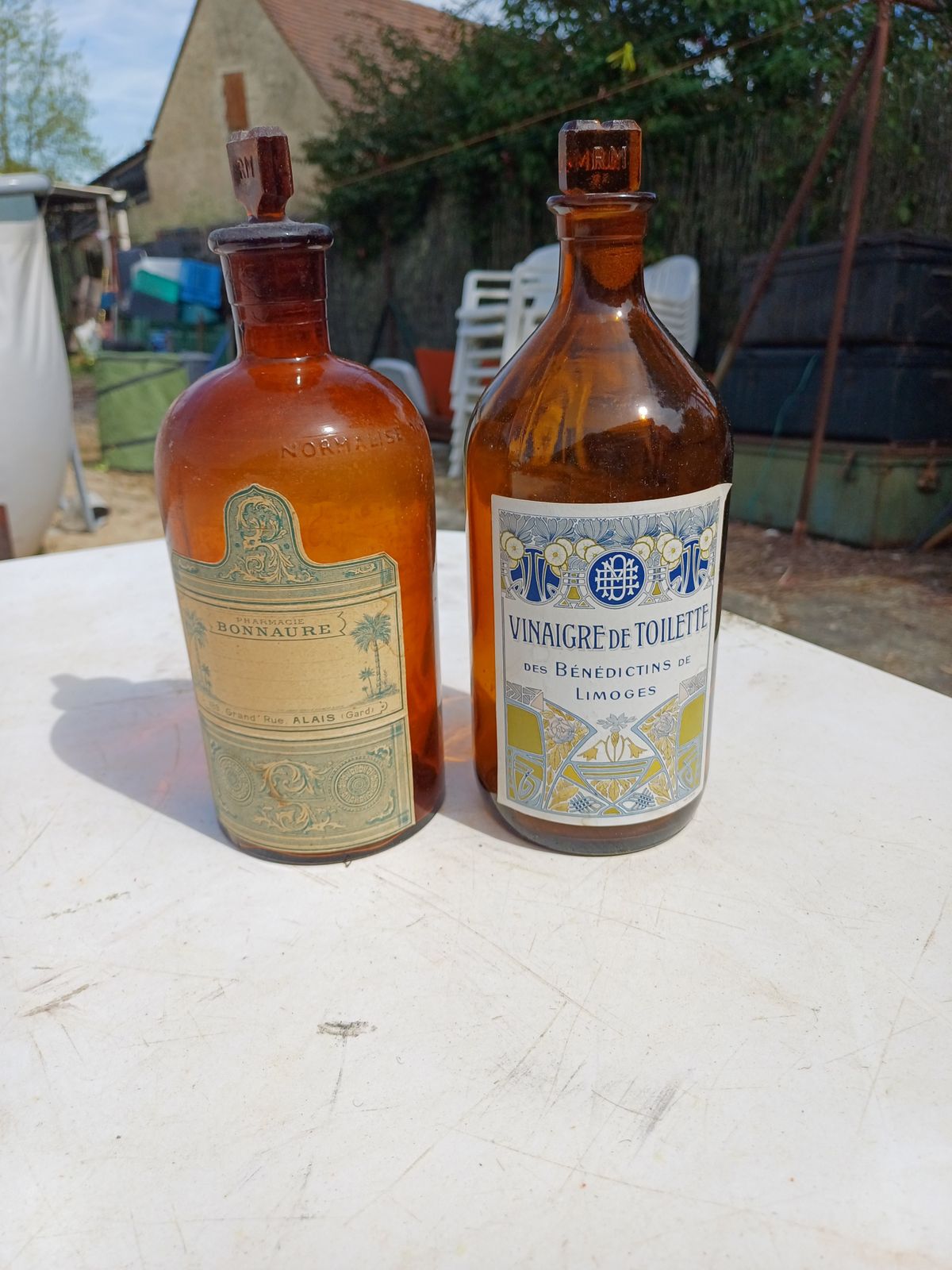 2 Brown Glass Pharmacy Bottles Toilet Vinegar And Pharmacy Bonnaure photo for sale