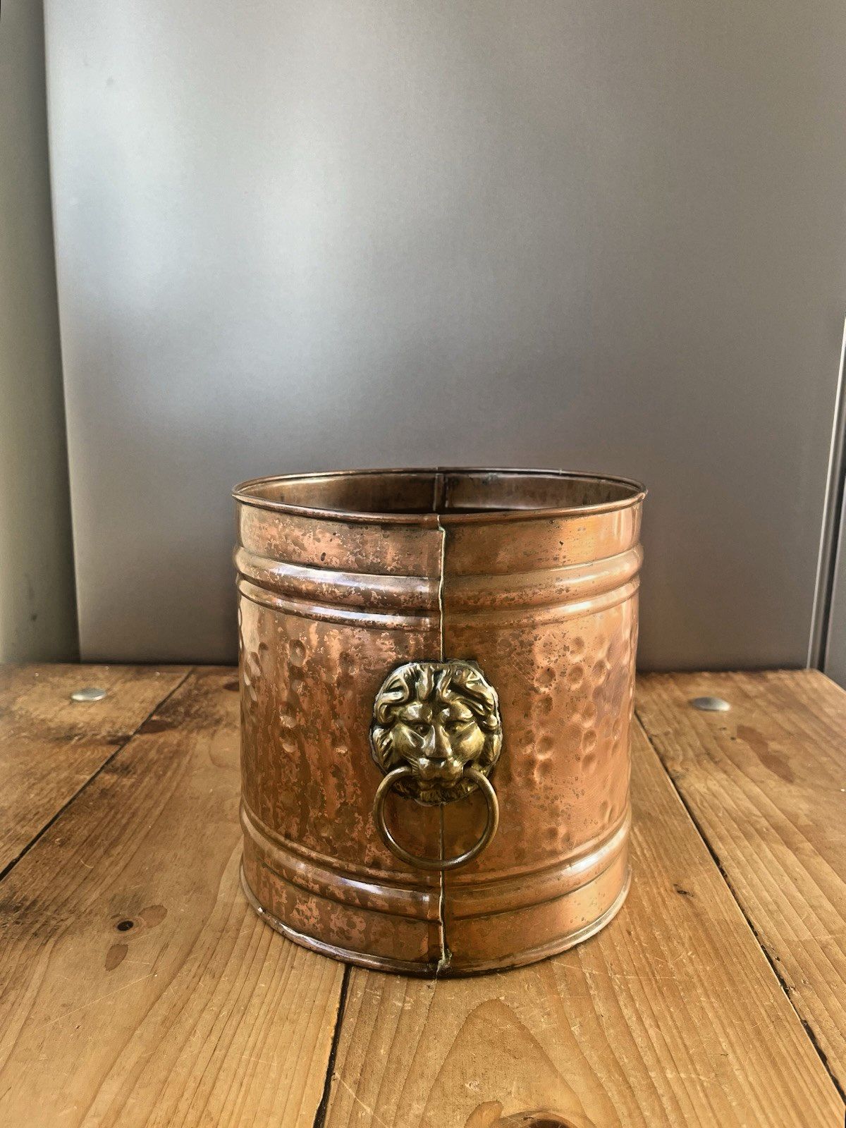 Vintage Copper Planter Plant Pot Lions Head Brass Handles Champagne Ice Bucket photo buy