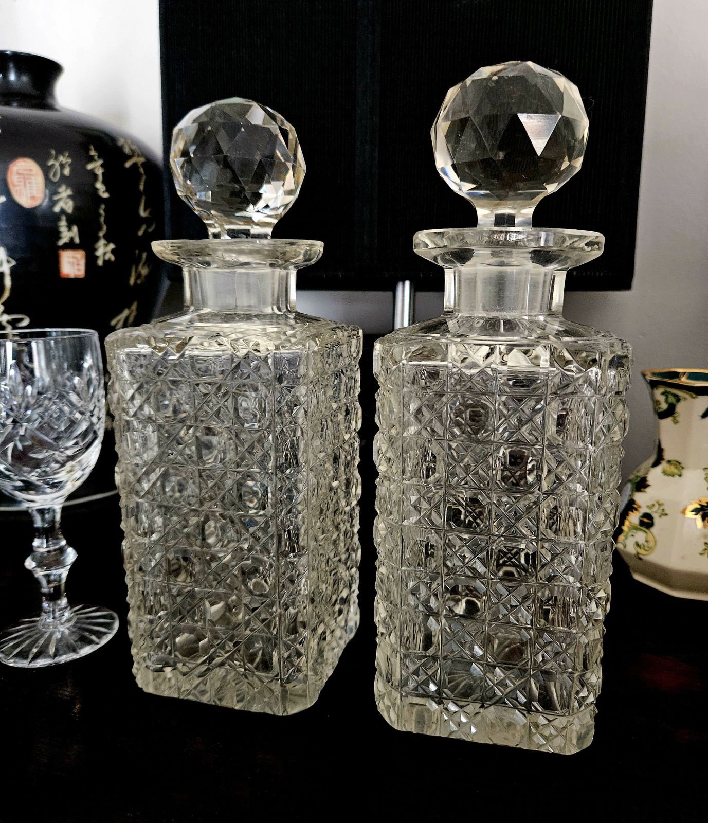 Rare And Exquisite Pair Of Ornate, Antique Crystal Decanters With Ball Stopper photo Home Decor