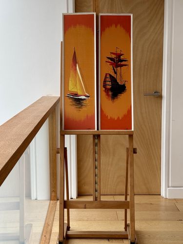 2 Framed Mid Century Paintings Of Boats At Sunset By L. C. Collier photo for sale
